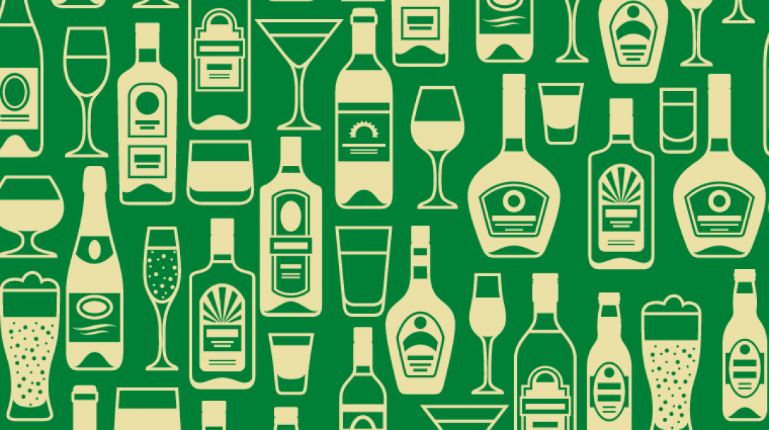 Green background with cream bottles of alcohol